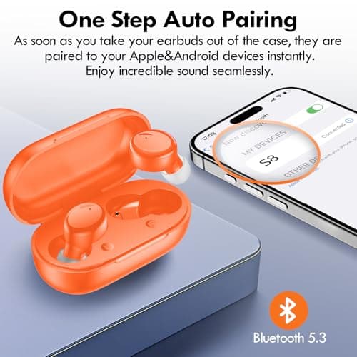 Lanteso True Wireless Bluetooth 5.3 Earbuds, 48H Playtime,Light Weight Headphones in Ear Buds Built in Mic Headset Premium Sound with Deep Bass,Clear Calls Earphones for Sports Workout Orange 5