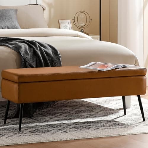 kinmars Leather Storage Ottoman Bench,End of Bed Bench for Living Room Bedroom Dinning Room Entryway,Mid-Century Modern, with Steel Legs,Safety Hinges, Loads 660 lb (Without Button, Brown)