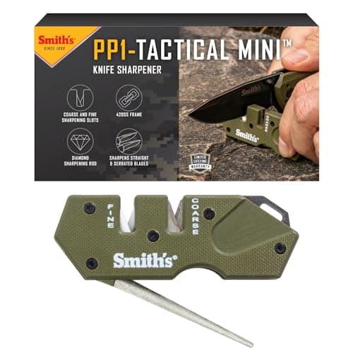 Smith’s 50984 Pocket Pal Mini Tactical Knife Sharpener - OD Green - 2 Stage Sharpener & Diamond Sharpening Rod - Outdoor Hunting Knife & Hook Sharpener - Compact, Durable, & Lightweight