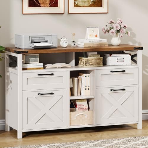 Halitaa Filing Organization Storage Cabinets 4 Drawer with Adjustable Shelf, Lateral Filing Cabinet with Open Storage Shelf for Home Office, Farmhouse File Cabinets for Hanging Files Letter/A4.White