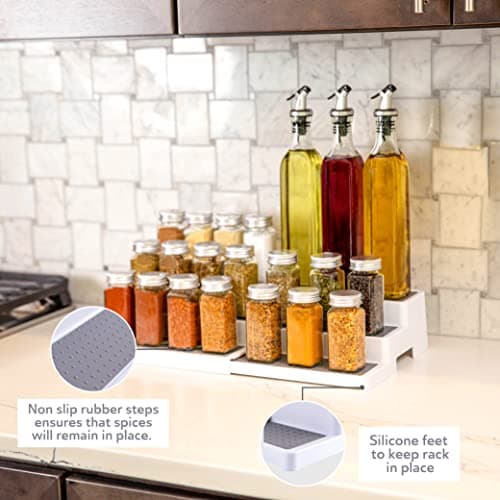 Oizeir 3–Tier Expandable Plastic Spice Rack - Adjustable Length, Stability with Non-Skid Shelf, Three Tiers for Easy Visibility, Organizer for Kitchen Cabinet, Pantry or Countertop, White/Grey 6