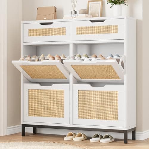 Shoe Cabinet Storage for Entryway Rattan Hidden Shoes Storage Cabinet White Narrow Shoe Organizer Cabinet with 4 Flip Drawers, Free Standing Wood Shoe Cabinet for Foyer Hallway (White, 4 Flip Drawer)