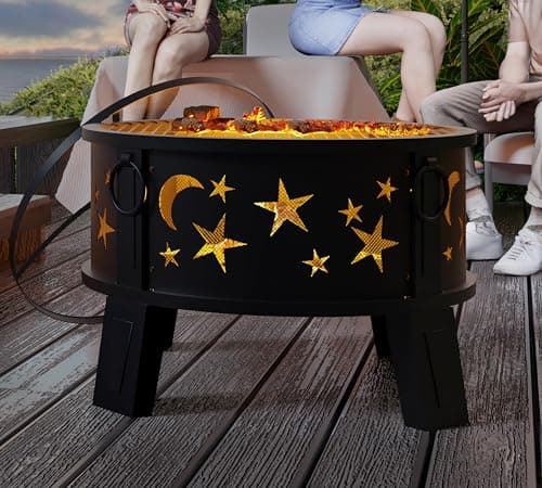 Kingson 26" Outdoor Fire Pit with Grill & Mesh Cover, Wood Burning Steel Firepit with Poker & Star Spark Screen, Heavy Duty Patio Fire Bowl for Backyard, Camping & Garden