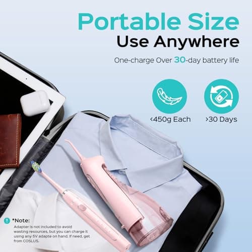 COSLUS C20 & C41 Portable Water Flosser with Electric Toothbrush Combo: 2-in-1 Oral Clean Kit for Teeth, Braces, Gums Care - Brushing & Flossing for Adults, Family, Travel Use, BPA-Free, Pink 5