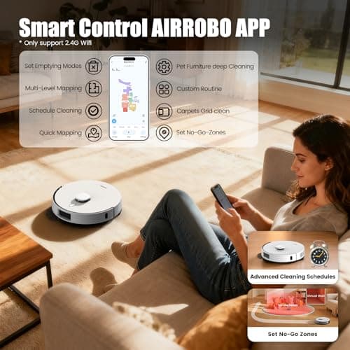 AIRROBO Robot Vacuum and Mop, 60-Day Self-Emptying, 6000PA Suction, Tangle-Free Brush for Pet Hair, Carpet Detection, LiDAR Navigation, APP ＆ Voice Control, White 7