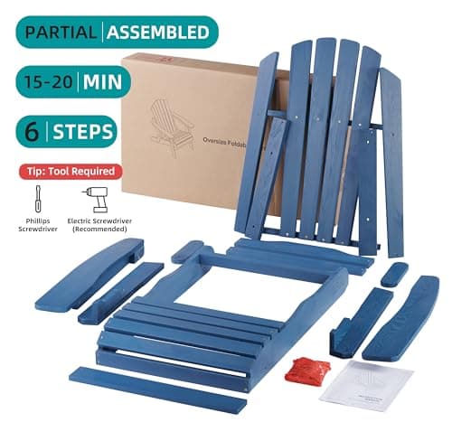 SoliWood Oversize Outdoor Wooden Folding Adirondack Chair with Pre-Assembled BackRest & SeatBoard, Wood Patio Chair for Garden Backyard Porch Pool Deck Firepit, SLW-ADK-BLUE-OVERSIZE-1 6
