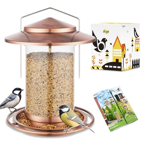 iBorn Bird Feeders for Outdoors Hanging,Metal Bird Feeders for Cardinal Chew Proof 18cm Large Roof&Tray Birdfeeders Outside Hanging,Brushed Copper 6 Port (Seed is not Included)