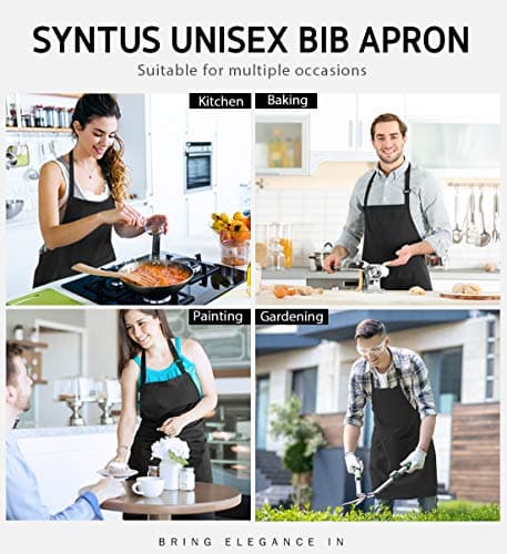 Syntus Adjustable Bib Apron with 2 Pockets Cooking Kitchen Aprons for Women Men Chef, Basic Black 2 Polyester 7