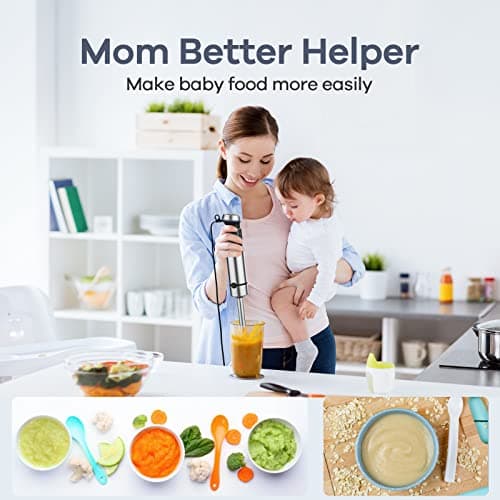 Ganiza Immersion Blender 5 in 1 Hand Blender Max 1000W Heavy Duty Motor, 16 Speed Mode Handheld Blender Stainless Steel Blade With 800ml Mixing Beaker, 600ml Chopper, Whisk and Milk Frother 6