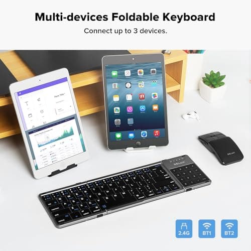 DeLUX Tri-fold Keyboard with Touchpad and Numeric Keypad, 2.4G Wireless Bluetooth KBD, Rechargeable Portable Travel Folding Keyboard with PU Leather, Compatible for iOS/Android/Windows/Tablet (KF18) 5