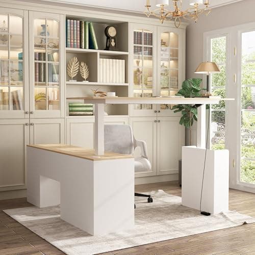 Homsee Home Office L Shaped Electric Standing Desk with Drawers and Shelves, Height Adjustable Stand up Desk, 63" Computer Executive Corner Table, Oak & White
