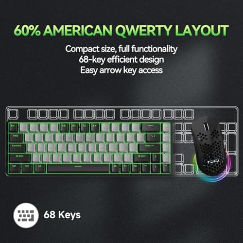TMKB T68 60% Wireless Mechanical Gaming Keyboard, Tri-Mode BT5.0/2.4GHz/USB-C with Red Linear Switch, RGB Backlight, Anti-Ghosting, Compact 68 Keys, Wired/Wireless, Black/Gray 5