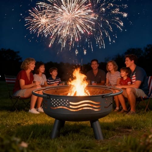 Breezz 32 Inch American Flag Fire Pit with Mesh Cover & Poker, Round Metal Wood Burning Outdoor Firepit for Patio, Garden, Backyard, Bonfire, Ideal for 4th of July, Memorial Day, Christmas 7