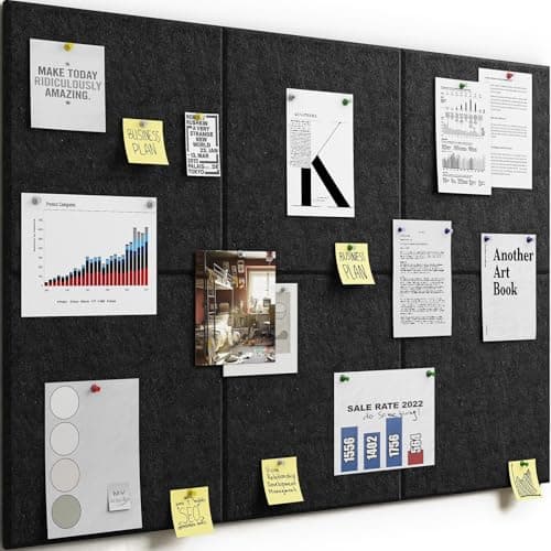 Felt Cork Board for Wall: Extra Large Bulletin Board for Office - 0.35 Inch Thick Corkboard Tiles 6 PCS Black Pin Board Squares Adhesive