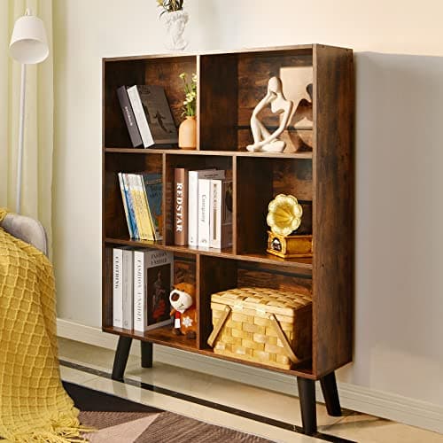 LEYAOYAO Cube Bookshelf 3 Tier Mid-Century Rustic Brown Modern Bookcase with Legs,Retro Wood Bookshelves Storage Organizer Shelf,Freestanding Open Book Shelves for Bedroom,Living Room,Office 7
