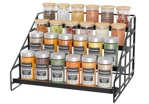 Bunoxea Spice Rack Kitchen Cabinet Organizer,4 Tier Countertop Spice Rack,Tier Depth Adjustable Cabinet Shelf,Step Spice Organization Easy Visibility,Holds Seasoning and Condiments