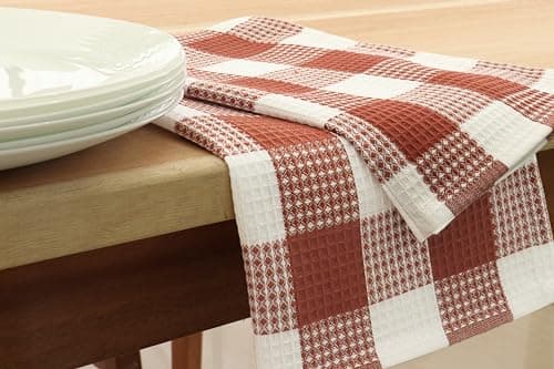 PurpleEssences Rust 100% Cotton Waffle Weave Check Plaid Kitchen Towels, Super Soft and Absorbent Dish Towels for Drying Dishes 15x25-4 Pack - Spring Easter Summer - Rust and White 5