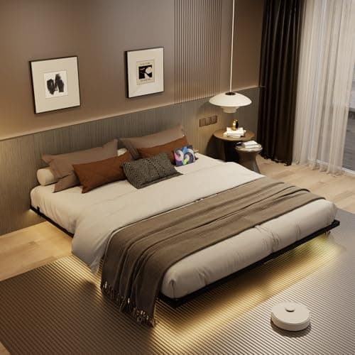 Muluflower Floating Bed Frame California King Size with Charging Station and LED Lights, Metal Platform Bed Frame, No Box Spring Needed, Easy Assembly, (California King)