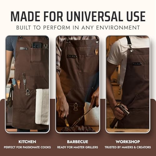 Asaya Chef & BBQ Apron with Pockets - Cross Back Canvas Cooking Apron for Women and Men, Adjustable Work & Grilling Aprons with Pocket, Bottle Opener and Hand Towel, 10oz Cotton Canvas (Brown) 7