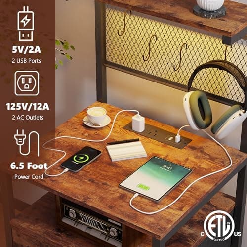 TRIFEBLE Tall Nightstand Set of 2 with Charging Station and LED Lights, Night Stand with Fabric Drawers, Bedside Table 36.4 Inch with Storage Shelves, Side Table, Mesh Shelves with Hooks, Rustic Brown 5