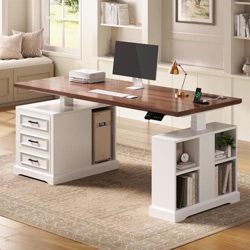 SEDETA Farmhouse Electric Standing Desk, 63" Height Adjustable Computer Desk with 3 Drawers, Storage Shelves, Power Outlets, Wood Home Office Stand up Desk for Work, Study, Writing, White 8