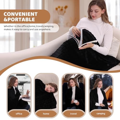 TZOSDOBO Cordless Heated Blanket, Battery Operated Heating Blanket with 20000mAh Rechargeable Power Bank, Portable Heated Throw Blanket, 59"x 35.5" Electric Heated Shawl, 3 Fast-heating Levels (Black) 7