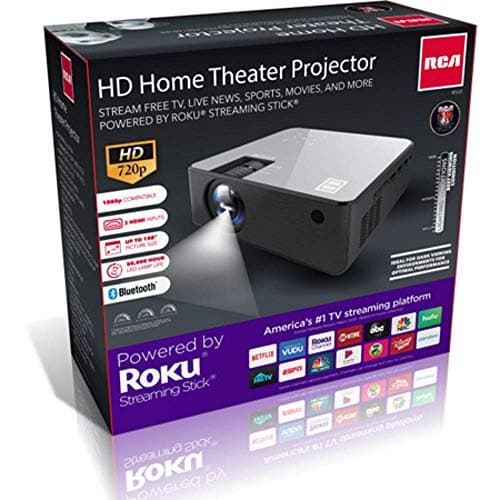 RCA RPJ133 1080P, 30"-150" Picture Size, Built in Bluetooth, HDMI,USB, Remote,Voice Control, Indoor, Outdoor, Smart Home Theater Projector,Includes Roku Streaming Stick - (Renewed)