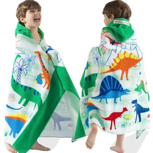VOOVA & MOVAS Dinosaur Toddler Hooded Towel for Boys 3-8, Large 30"x50" 100% Cotton Ultra Absorbent Wearable Wrap, Bath Towel for Beach Pool Swim, Birthday Gift for Kids