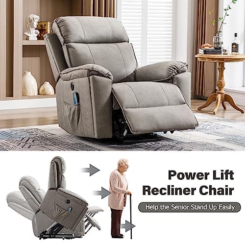 Phoenix Home Large Power Lift Recliner Chair with Massage and Heat for Elderly, Ergonomic Electric Wider Sofa Chair for Living Room with 2 Cup Holders, Side Pocket and USB Port, Grey 7