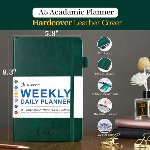 JUBTIC Hourly Daily Planner Undated, Leather Weekly and Monthly Calendar Planner, Appointment Book for Planning, To Do List Notebook Academic Planner to Track Your Goals - Dark Green, A5 Size 5