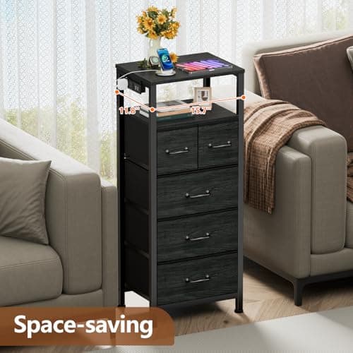 Furnulem Dresser for Bedroom, Tall Nightstand, Vertical Chest with Wood Top, Charging Station, LED Lights, 5 Fabric Bins, Bedside Table with Shelf, Furniture for Entryway (5 Drawer, Black Oak) 4