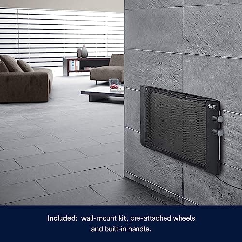 DeLonghi Mica Panel Space Heater, 1500W quiet electric space heater for indoor use, adjustable thermostat, freestanding/ easy wall mount, full room heating with built-in safety features, HMP1500 Black 6