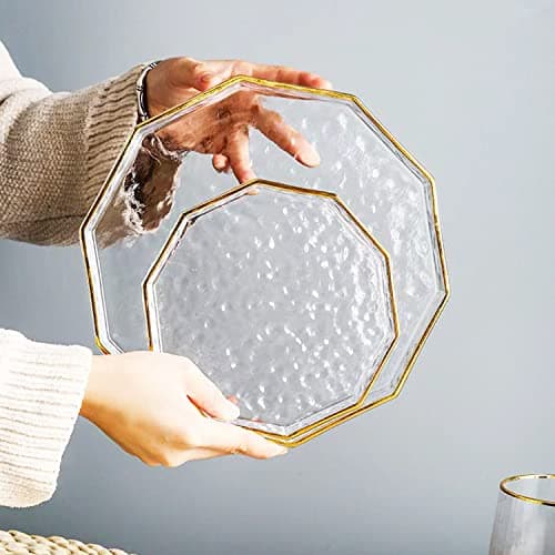 Halyuhn 10 Inch Decagon Glass Tray With Gold Rim - Clear Hammered Vanity Makeup Display With 2" Wall, Thick Decorative Dresser Bathroom Perfume Cosmetic Tray for Tabletop Countertop 9