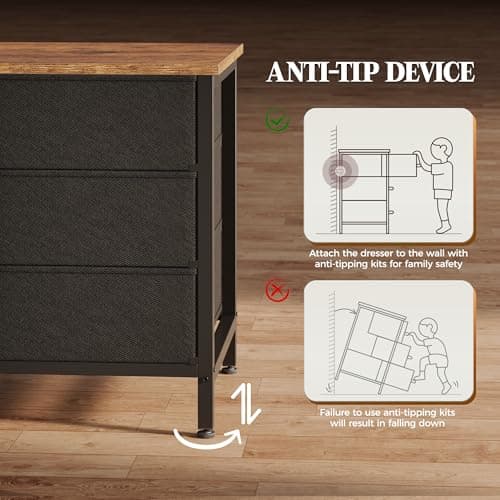 Huuger 63 Inch Dresser for Bedroom, Long Dresser with 10 Fabric Drawers, TV Stand for 55, 65, 70 Inch TV, Toy Storage Organizer for Closet, Rustic Brown 8