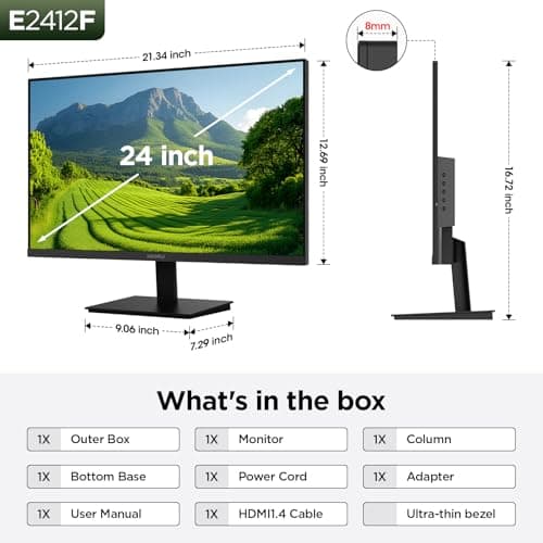 KOORUI 24-inch Computer Monitor Full HD 1920 x 1080p 100Hz VA Display 4000:1 Contrast Ratio with HDMI VGA, TÜV Rheinland Certified, 100 x 100 mm VESA Mountable, Ultra-Slim Design, Tilt, Black, E2412F 7