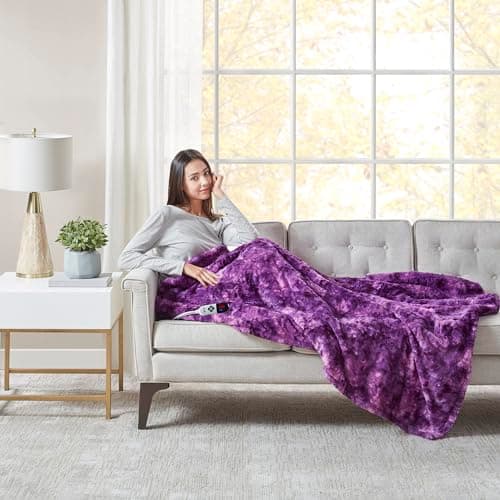 Codi Faux Fur Purple Heated Throw Blanket with Fuzzy Sherpa Back | 60 x 70 Oversized Electric Throws for Couch | 6 Heating Levels & 4 Time Settings with Auto Shut Off, 6ft Power Cord | Washable 5