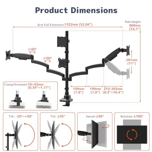 PUTORSEN Quad Monitor Mount for up to 49’’ Ultrawide on Top Bracket and 27’’ Screens on Lower Brackets, Holds up to 44lbs, Quad Monitor Stand with Gas Spring, C-Clamp & Grommet Base 6