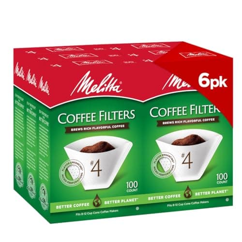Melitta #4 Cone Coffee Filters, White, 100 Count (Pack Of 6), 600 Total Filters - Fits all 8-12 Cup Cone Coffee Makers and Pour-Overs, Compostable, Tear-Resistant, Made in USA