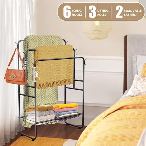 Kayfia 40" H Towel Rack Freestanding, 3-Tier Bath Towel Holder Stand with Storage Baskets & Hooks, Blanket Drying and Display Rack for Oversized Bath Towels, Metal Towel Rack Stand Indoor Outdoor 8