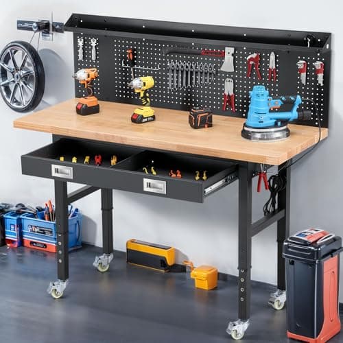 ENJOYWOOD 60" x 22'' Garage Workbench with Wheels Adjustable Height Rubberwood Work Table with Drawers, Pegboard, Power Outlets & LED Light Heavy Duty Rolling Workbench for Workshop & Home 8