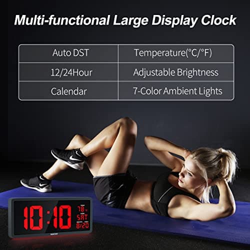 YORTOT 16” Large Digital Wall Clock with Remote Control - Adjustable Dimmer, 7 Color Night Lights, Big LED Clock with Indoor Temperature, Date, Auto DST, 12/24Hour, Wall Mount/Foldable Stand 5