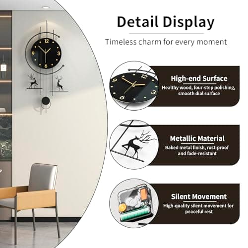 JUJUDA Large Black Wall Clock for Living Room Decor 14 Inch Big Metal Minimalist Decorative Wall Clock with Pendulum Battery Operated Non Ticking Silent Modern Clock for Kitchen Office Bedroom Decor 6