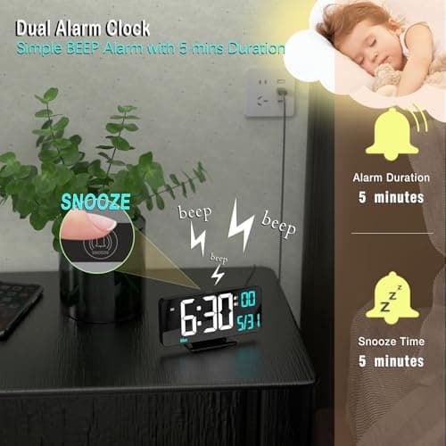 KOSUMOSU Digital Alarm Clock 6.7in Black Clock for Bedroom, Dual Alarm, Date, Seconds,Day of Week,12/24h,Dimming, Temp, Desk Clock, LED Clock for Living Room, Calendar Digital Clock 5