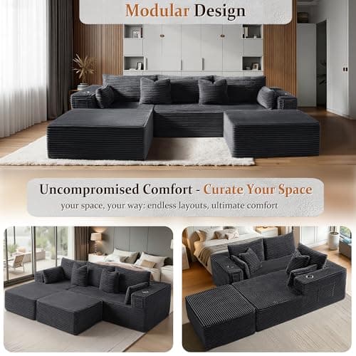 VYUXWO 108" Cloud Sectional Couch, Comfort U Shaped Boneless Couch for Living Room, Extra Deep Seats No Assembly, Minimalist Modular Sofa, Corduroy (Dark Grey, 2 Seater+Left Facing Chaise+Ottoman) 6