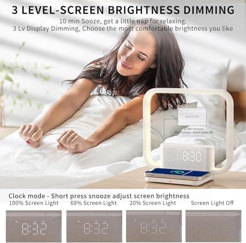 RETEYUNG Sunrise Alarm Clock for Heavy Sleepers,Touch Lamps for Nightstand with Wireless Charger Station for iPhone/Samsung,Sound Machine,Wake Up Light with Snooze/Timer/10 Natural Sounds/3 Dimmable 5