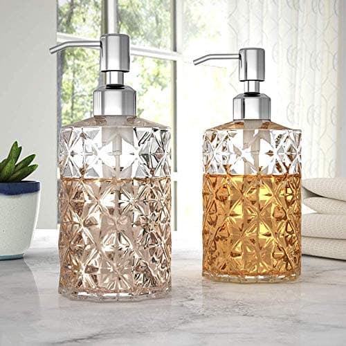 GLADPURE Soap Dispenser - 2 Pack, 12 Oz Clear Diamond Design Glass Refillable Hand Soap Dispensers; with 304 Rust Proof Stainless Steel Pump, Lotion Dispensers for Kitchen, Bathroom 5