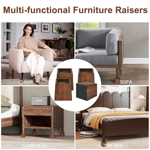 Alpeir Wood Bed Risers Heavy Duty, Support Loading 2200lbs, 4 Pack Furniture Riser Leg Height Extenders Lifts for Dorm Sofa Couch Desk Chair Table, Retro Brown, 3.5" H(Inner 3" H) 6