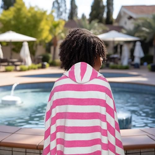 ORIGINAL KIDS Hooded Bath Towel Wrap - 100% Cotton Terry Large Oversized Hooded Kids Towel - Toddler Shower Pool Beach Towel - Soft Plush Absorbent Quick Dry Easy Care Gift -30x60- Cabana Stripe Pink 7