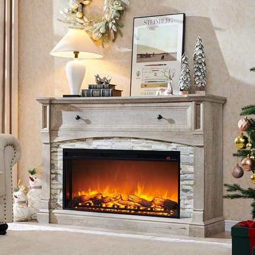 T4TREAM 52" Electric Fireplace with Mantel, Farmhouse Fireplace TV Stand for Up to 65 Inch TV, Wood Entertainment Center with Storage Cubby for Living Room, Light Rustic Oak