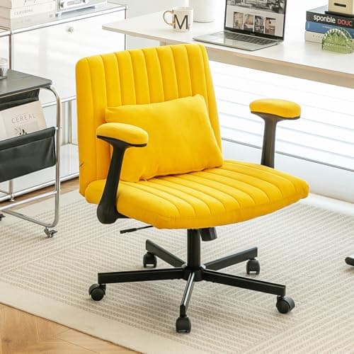 Purgreen Linen Cross Legged Office Chair with Wheels and Adjustable Flip-Arms,Swivel Wide Seat Chair for Home Office, Apartment, Criss Cross Chair for Meditation, Makeup, Yellow